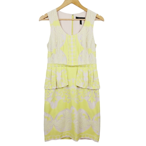 BCBGMaxAzria Etna Lace Peplum Sheath Dress Size 6 Neon Yellow Sleeveless Mini - Picture 4 of 11